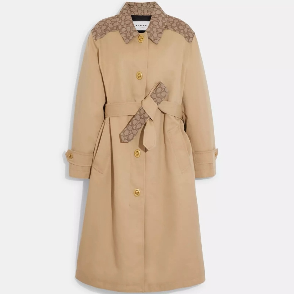 Coach Beige Trench Coat with Signature Tan Logo Trim Turnlock Gold Buttons NWT